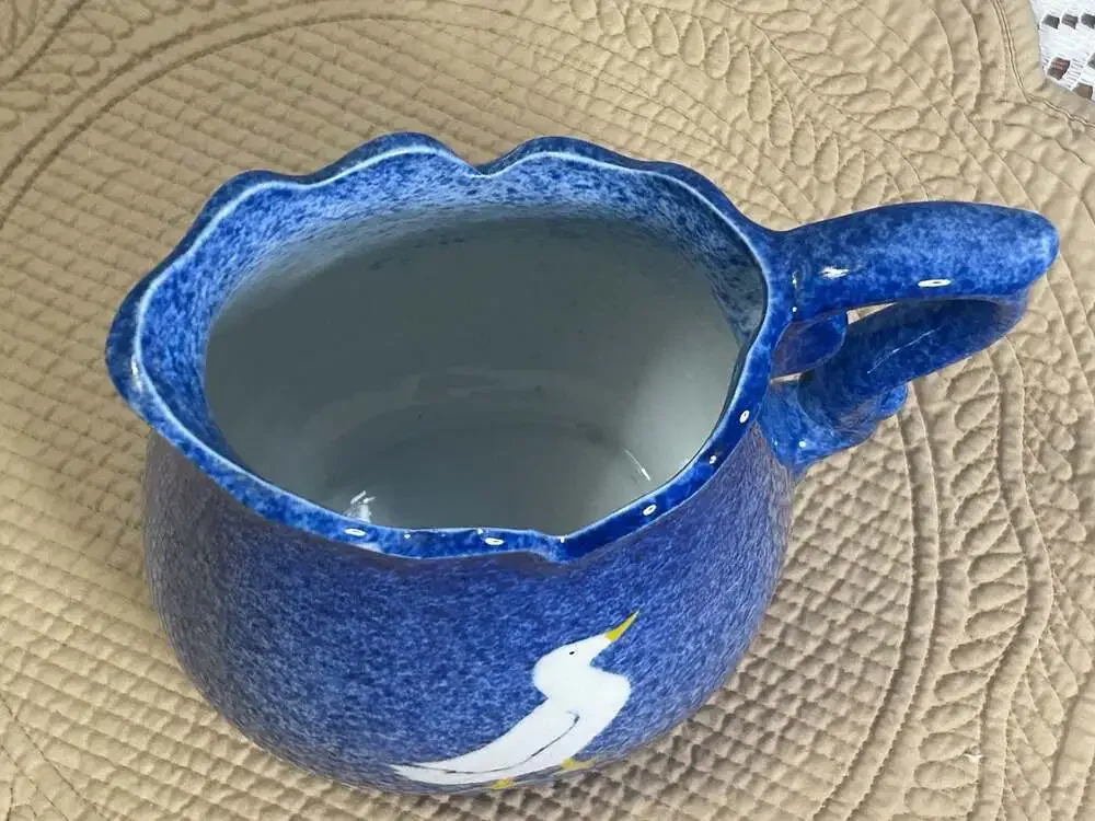 Vintage Calico Crown China Blue Spongeware Spatterware Ceramic Pitcher Duck